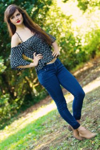 Strappy back off the shoulder top worn with jeans