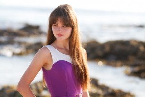 UK teen blogger wearing River Island purple playsuit at Westport Beach Argyll