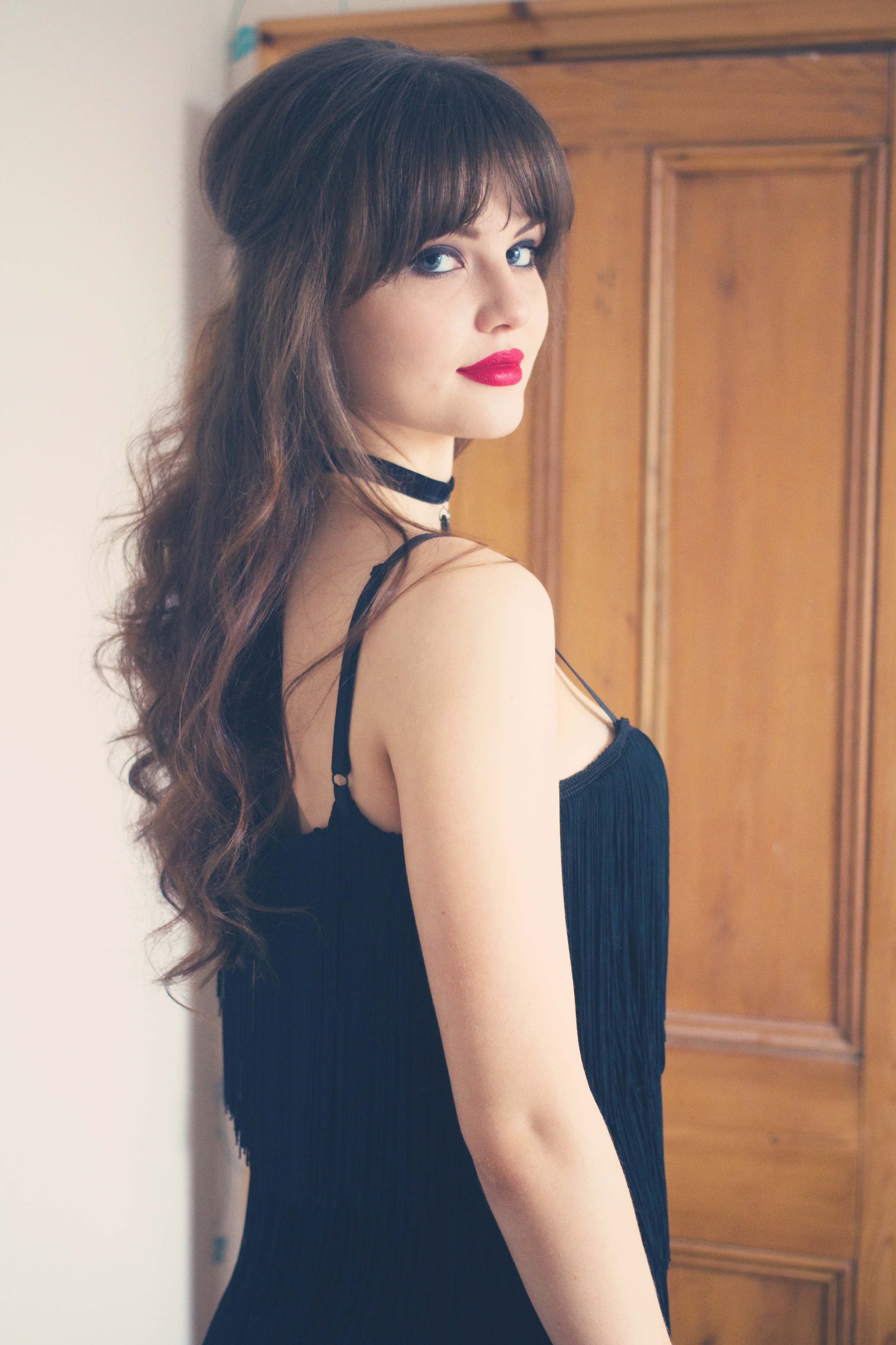 Fringed Gatsby style dress and black choker necklace