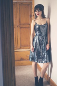 UK teen blogger wearing silver metallic dress from French Connection