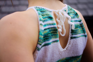 Back keyhole detail of handknit cropped top