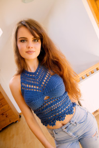 Teen blogger wearing her handmade crochet halter top