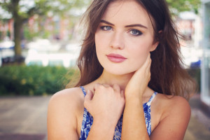 Girl wearing halter dress in blue and white print