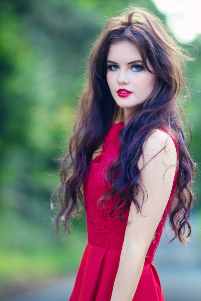 In red dress brunette 