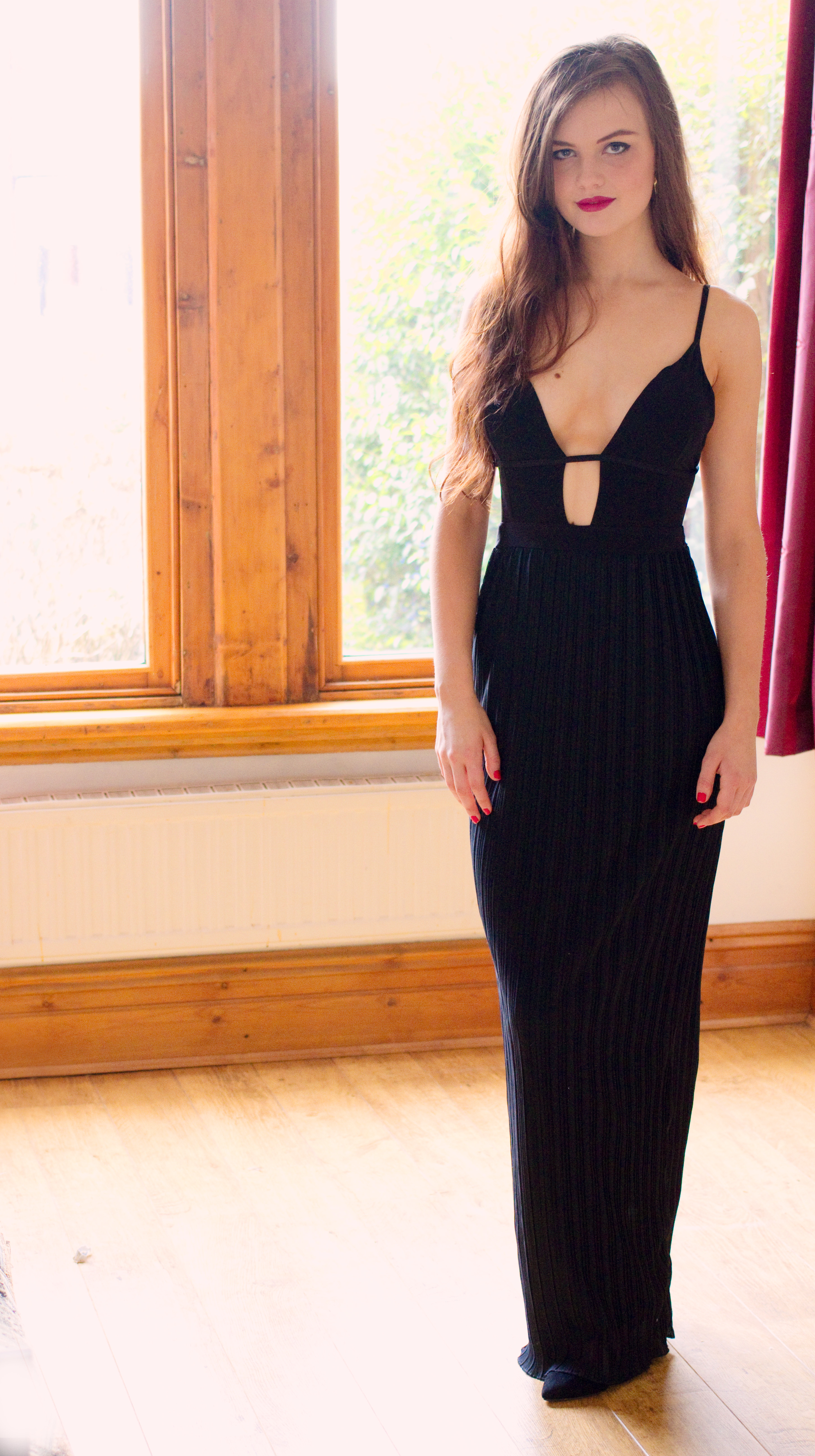 plunging black maxi dress