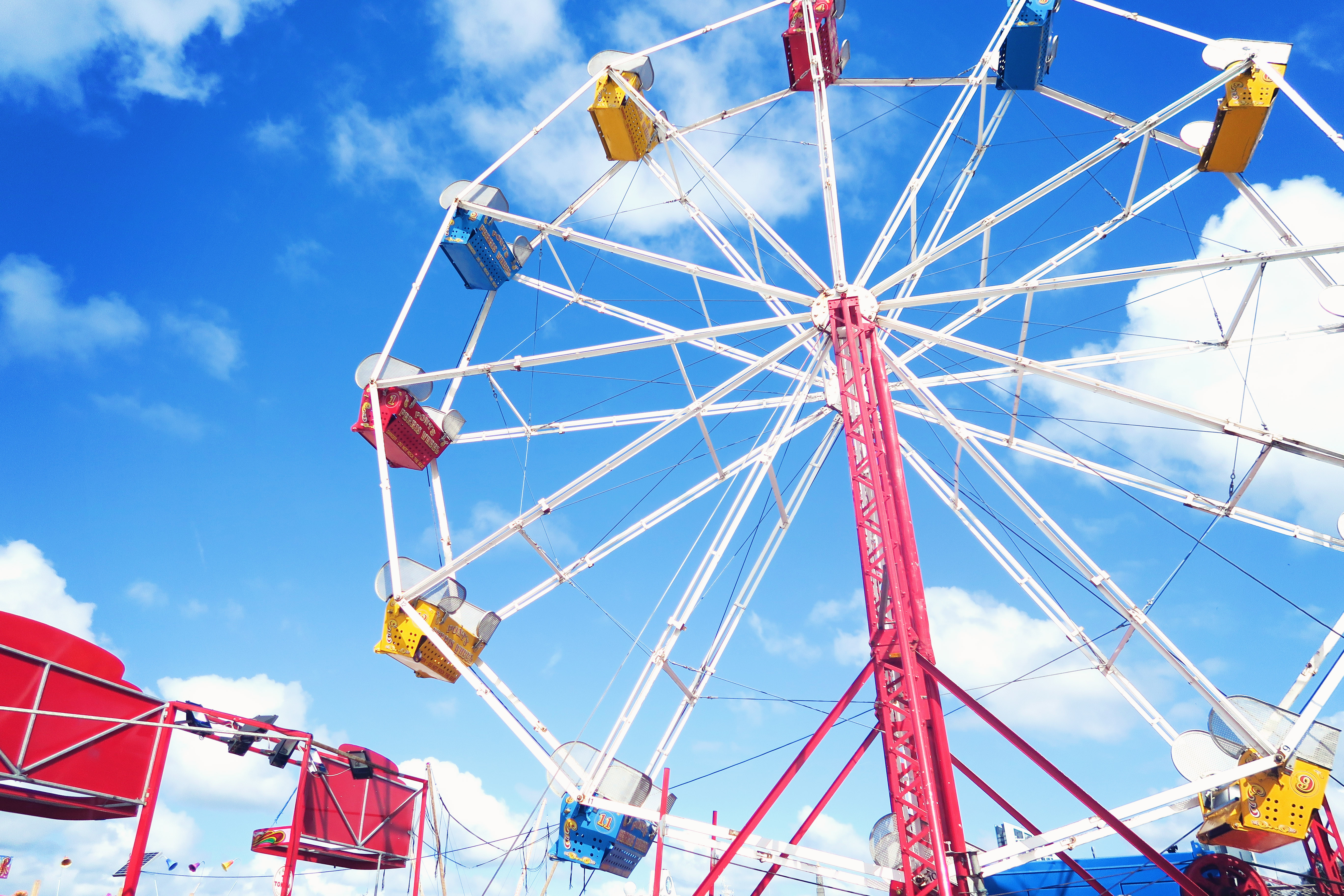 Ferris wheel against very blue sky.