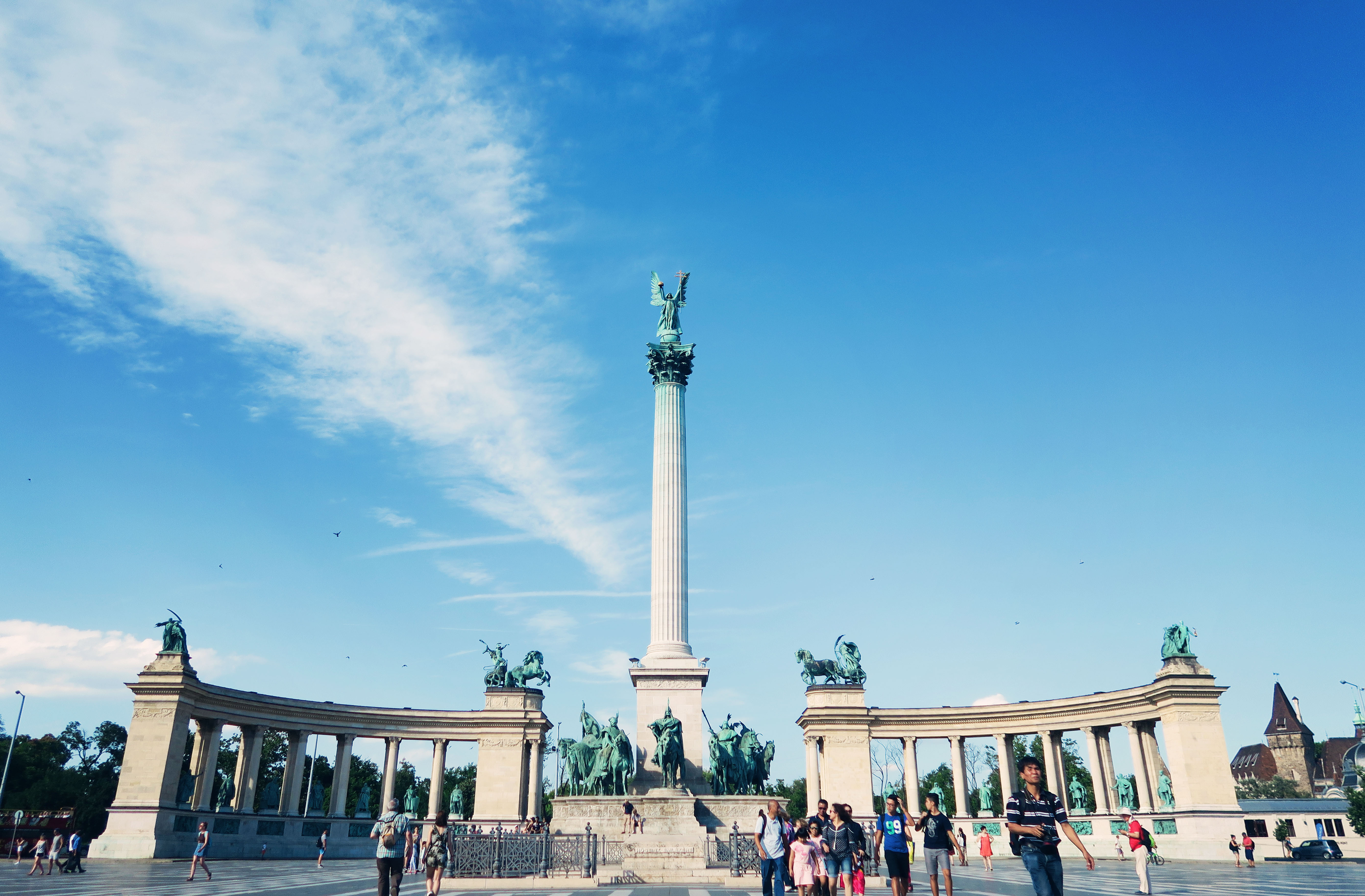 Heroes Square on sunny day in Budapest. Blue skies.