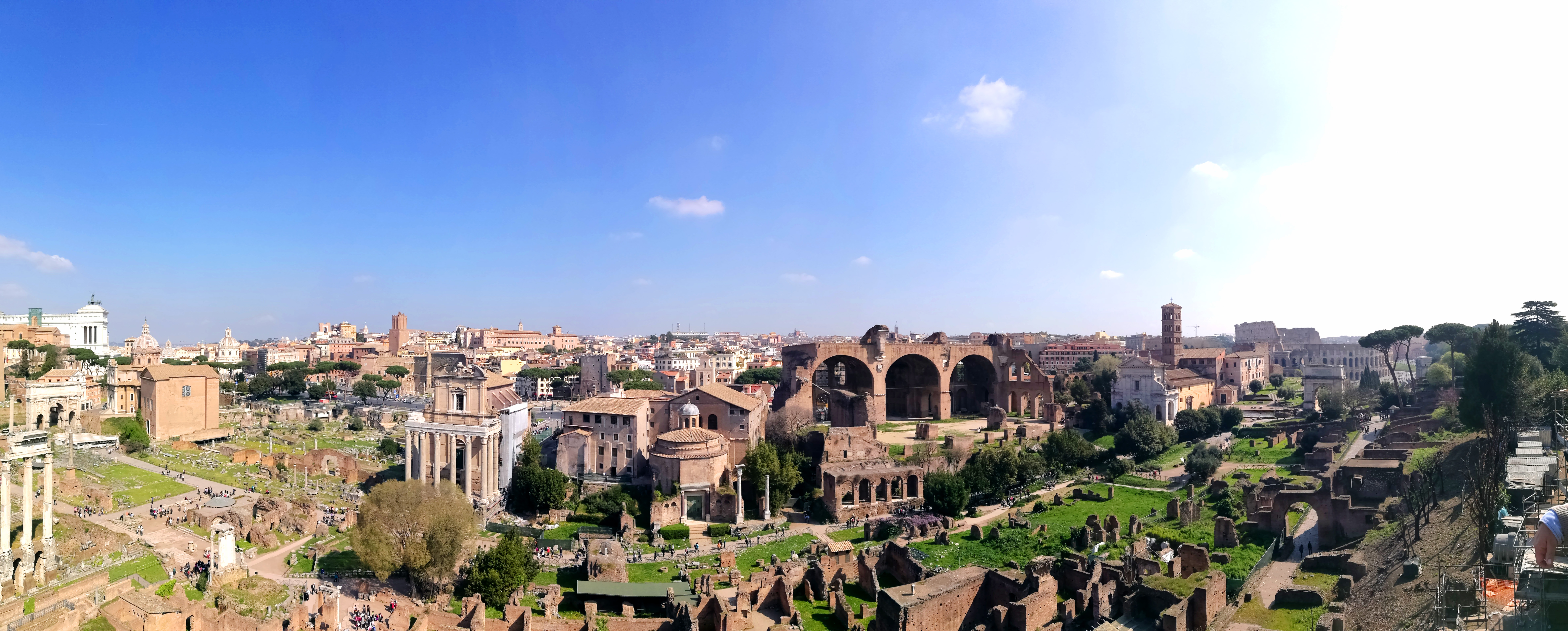 Panorama photograph of Roman Forum Rome Italy. Blue sky. Sunny day.