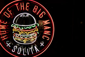 Neon sign with burger. Solita restaurant Preston